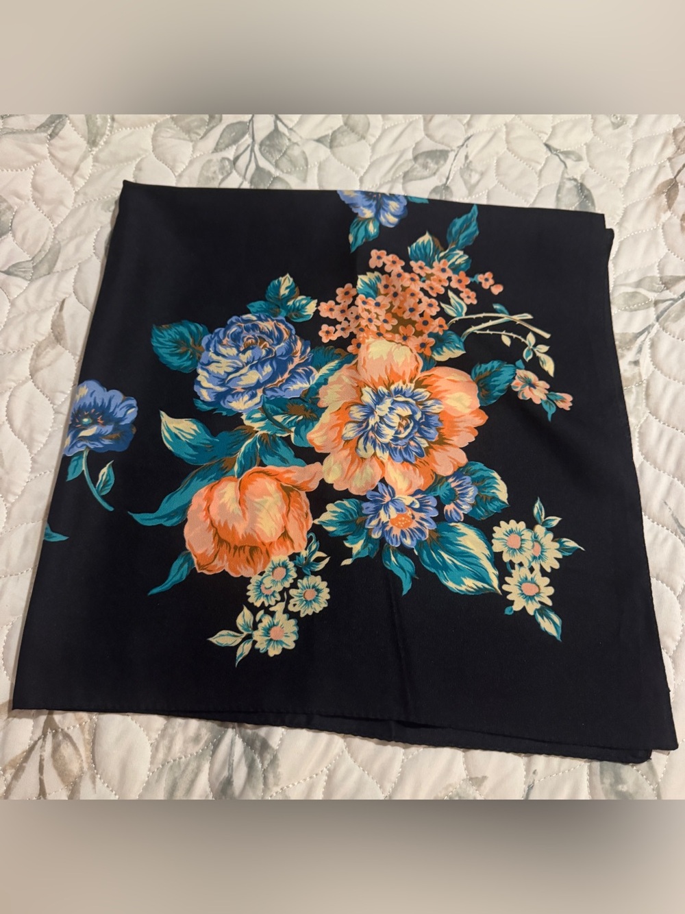 Vintage Totes Floral Scarf Navy Blue Made In Italy 80s Square Silk Feel